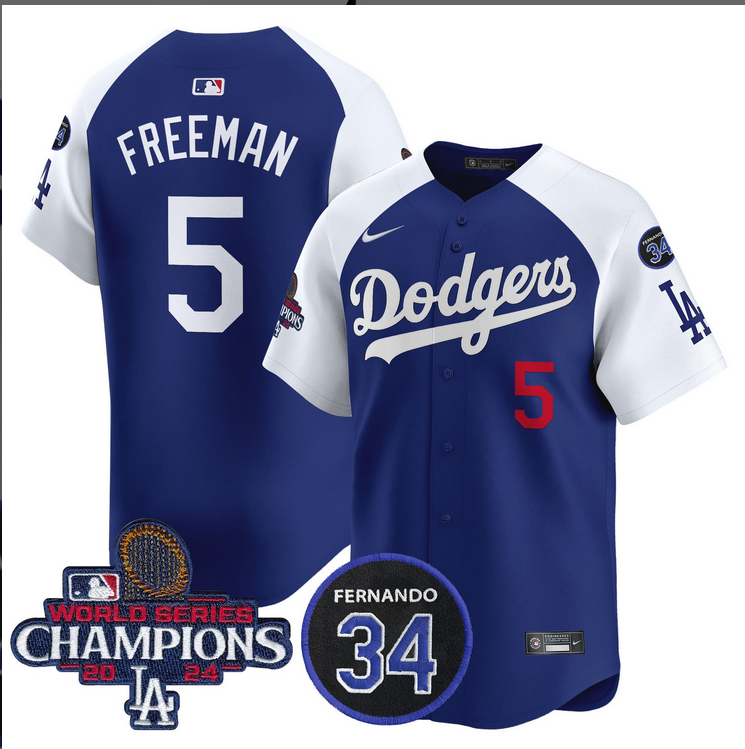 Men MLB Los Angeles Dodgers 5 Freeman blue 2024 World Series Champions Patch Limited Jersey